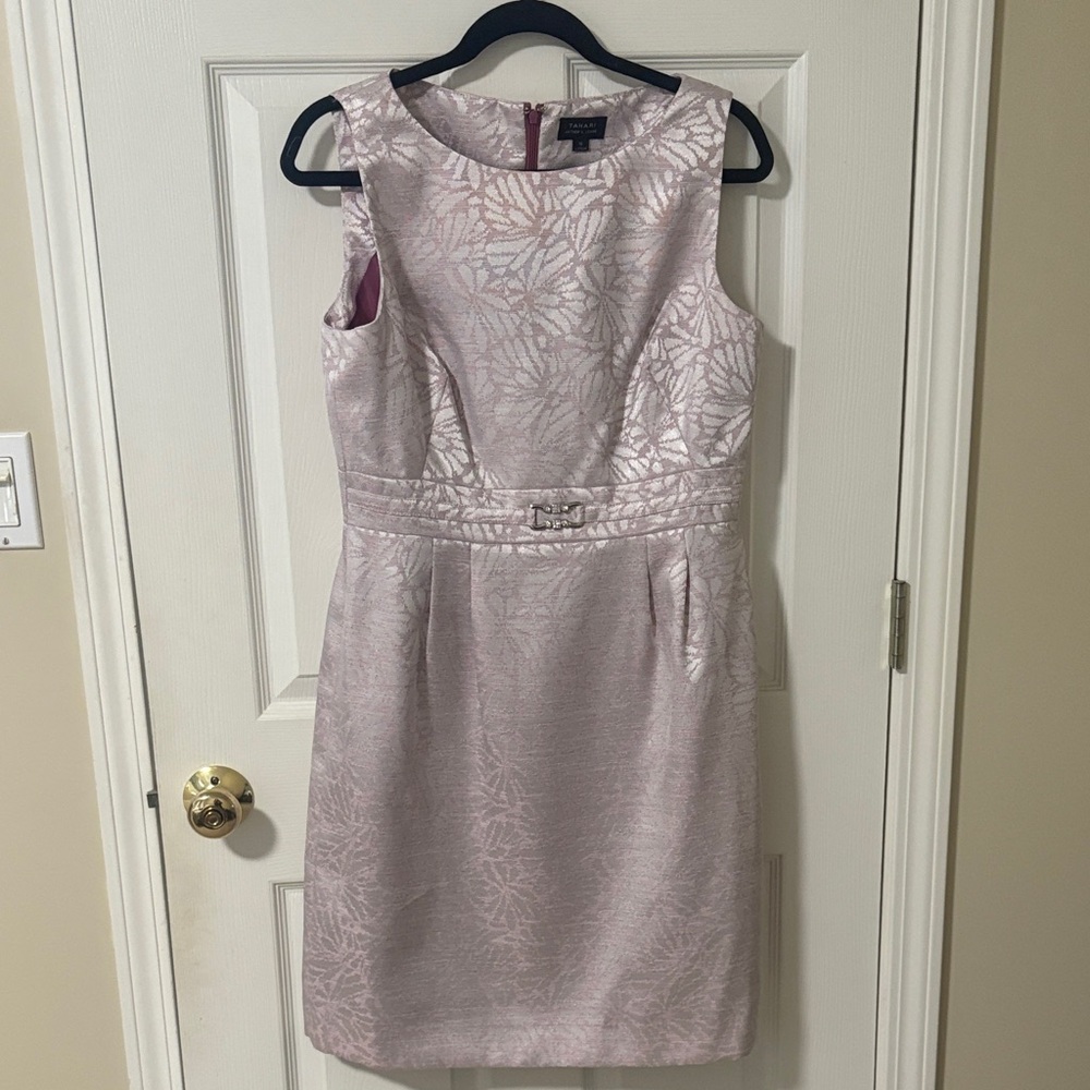 Tahari Baby Light Pink Shimmering Midi Dress with rhinestone buckle